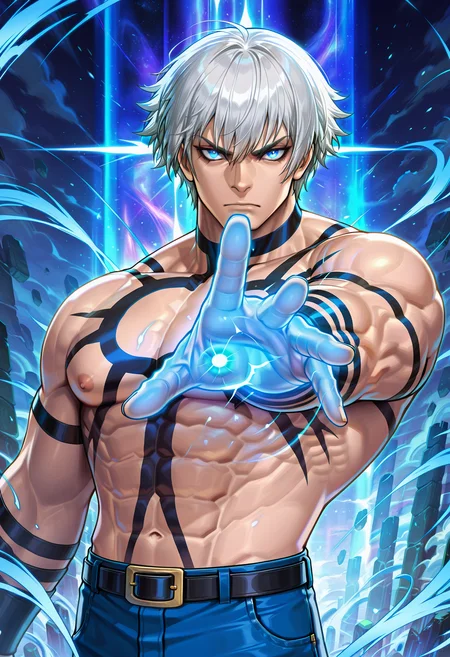 masterpiece, best quality, newest, absurdres, highres, very detailed,
muscular male, koforochi, orochi tattoo, topless male, solo,
jeans,
male nipples, collarbone, abs, manly,
foreshortening, outstreched hand, hand towards viewer, open hand, glowing hand, outstreched arm, looking at viewer, upper body, magic, strong wind,
glowing outline, magic, psychic,
blue eyes, glowing eyes,
<lora:[Char - IL] KOF - Orochi (v1-R1-E27):1.0>
