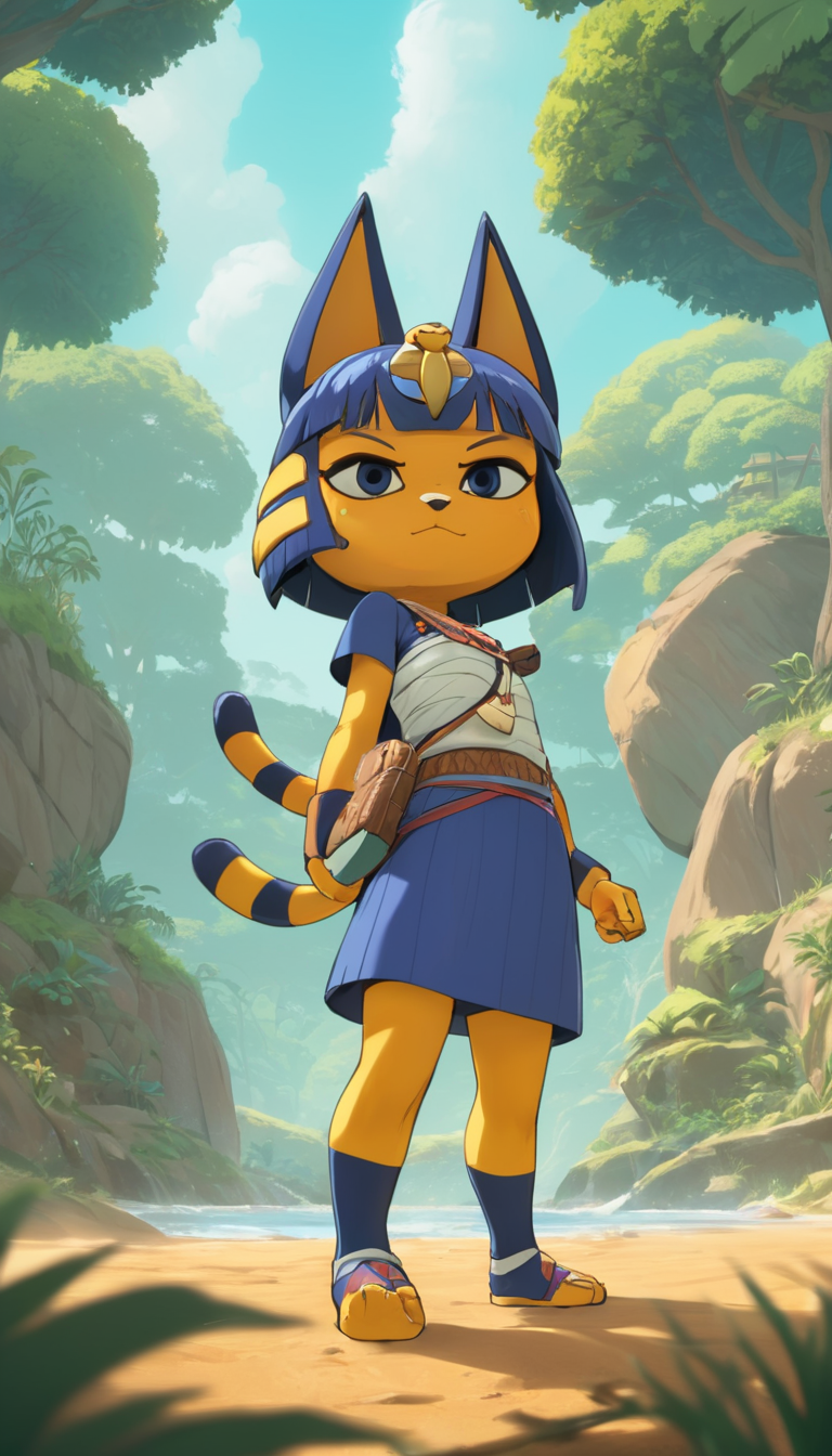 Cinematic scene, hero view, Ankha, Animal Crossing <lora:ankha_v0.0.1:1>, action pose, nature, detailed background, masterpiece, best quality, high quality, absurdres, (Studio ghibli style, Art by Hayao Miyazaki:1.2), Anime Style, Manga Style, Hand drawn, cinematic, Sharp focus, humorous illustration, big depth of field, Masterpiece, concept art, trending on artstation, Vivid colors, Simplified style, trending on ArtStation, trending on CGSociety, Intricate, Vibrant colors, Soft Shading, Simplistic Features, Sharp Angles, Playful