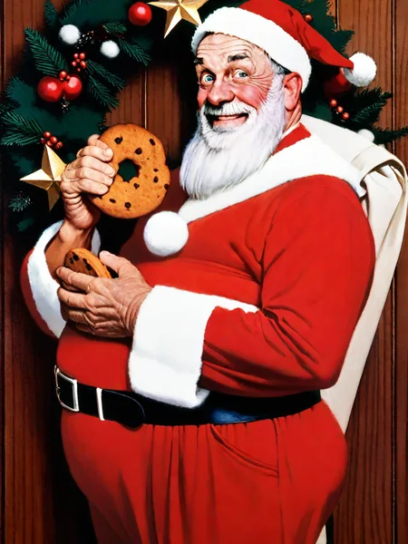 masterpiece, best quality, very aesthetic, absurdres,

norman rockwell style, 1boy, solo, white hair, santa, red suit, hat, smiling, looking at viewer, indoors, vertical wood panels, beard, old, wrinkles, wreath, holding a giant cookie, black belt, round belly,