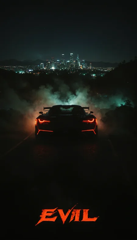 Movie poster with big (neon style text) ("EVIL":1.5) In the heart of a neon-lit city, two high-performance monsters one a sleek black and the other a bright red are captured midnight as they run through streets captured in a dramatic around a tight corner. The monsters feet kick up a cloud of smoke tail, The surrounding landscape is a mix of dense forests and rocky cliffs, with the city skyline visible in the distance. The scene is photographed from a side angle, highlighting the precision and skill of the driver. The lighting is dark with strategic highlights from the monsters glowing lights and the distant city glow, creating a thrilling and high-stakes environment.
 <lora:DetailMaximizer:1>  <lora:add-detail-xl:1>  <lora:zavy-bcklt-sdxl:0.8> zavy-bcklt