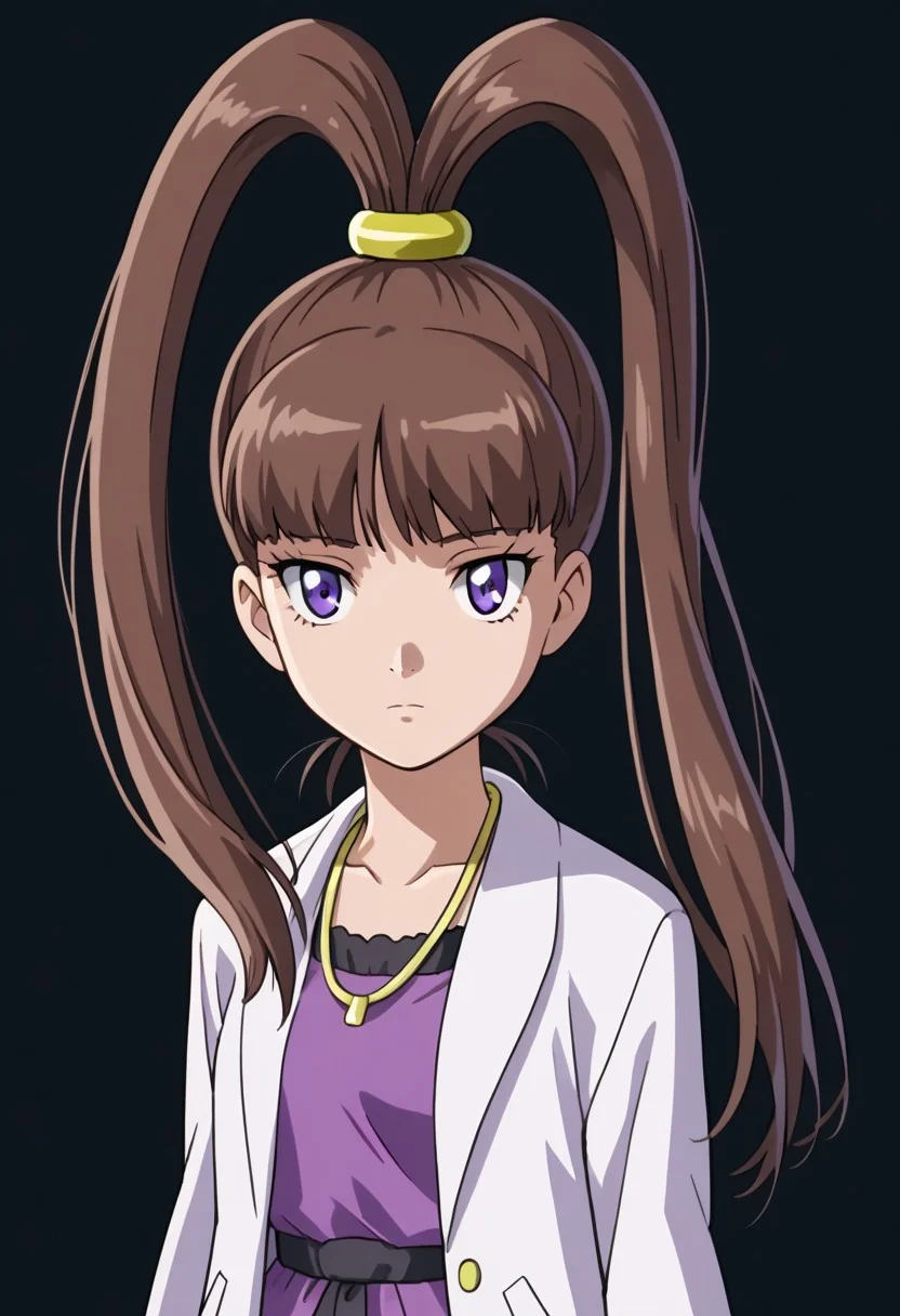 score 9, score 8 up, score 7 up, digimon xros wars, nene amano, 1girl, split ponytail, brown hair, solo, labcoat, high ponytail, long hair, ponytail, purple eyes, jewelry, necklace, expressionless, looking at viewer, dress, sidelocks, bangs