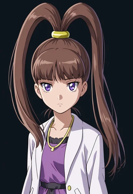 score 9, score 8 up, score 7 up, digimon xros wars, nene amano, 1girl, split ponytail, brown hair, solo, labcoat, high ponytail, long hair, ponytail, purple eyes, jewelry, necklace, expressionless, looking at viewer, dress, sidelocks, bangs
