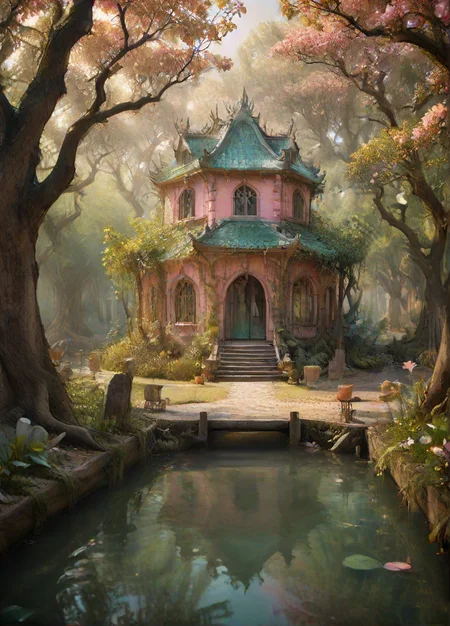 ethereal fantasy concept art of magical fairy village, first light of dawn through a mangrove forest, warm radiance lighting, painted in hues of emerald, pink and lilac, fairies flit about preparing for the day, style of Kim Keever, style of Mikalojus Ciurlionis, <lora:Happy_World:0.8> . magnificent, celestial, ethereal, painterly, epic, majestic, magical, fantasy art, cover art, dreamy