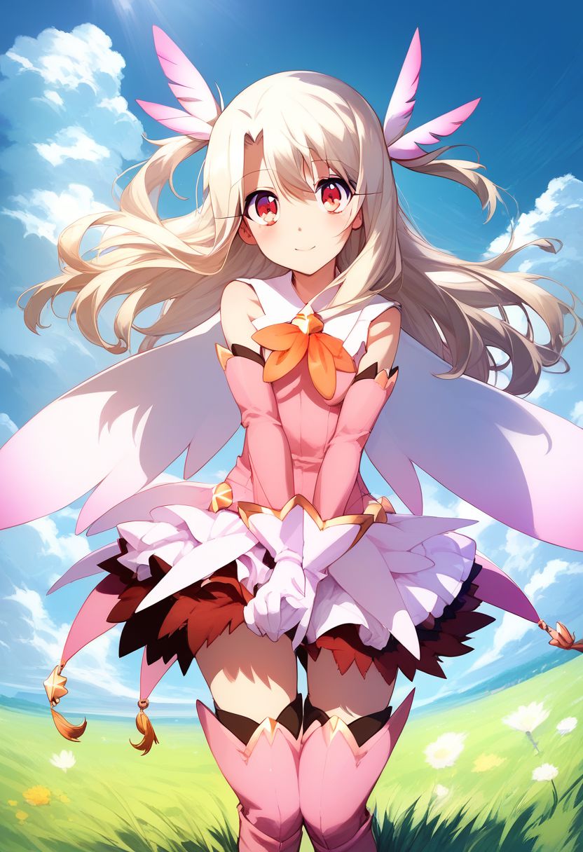 score_9, score_8_up, score_8, medium breasts, cute, eyelashes,  
1girl, boots, brown hair, cloud, day, feather hair ornament, feathers, grass, feather hair ornament, illyasviel von einzbern, long hair, magical girl, morning, pink footwear, prisma illya, red eyes, sky, solo, thigh boots, thighhighs, white hair, looking at viewer,