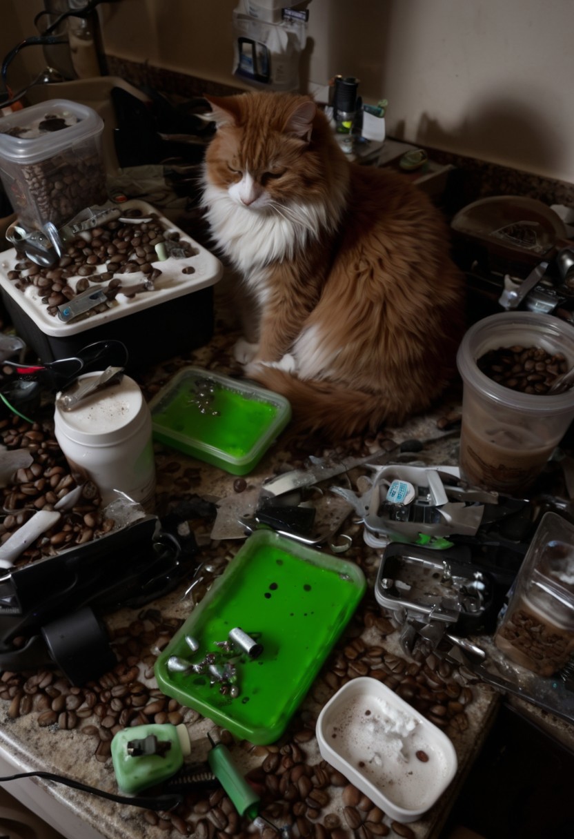 clutter, trash, a cat sitting on a counter looking at dismantled electronics, glass filled with green goo, tools, wire, side cutters, dmm, 18650, battery, charger, coffee beans, snow, winter, low key, dark, kitchen sink