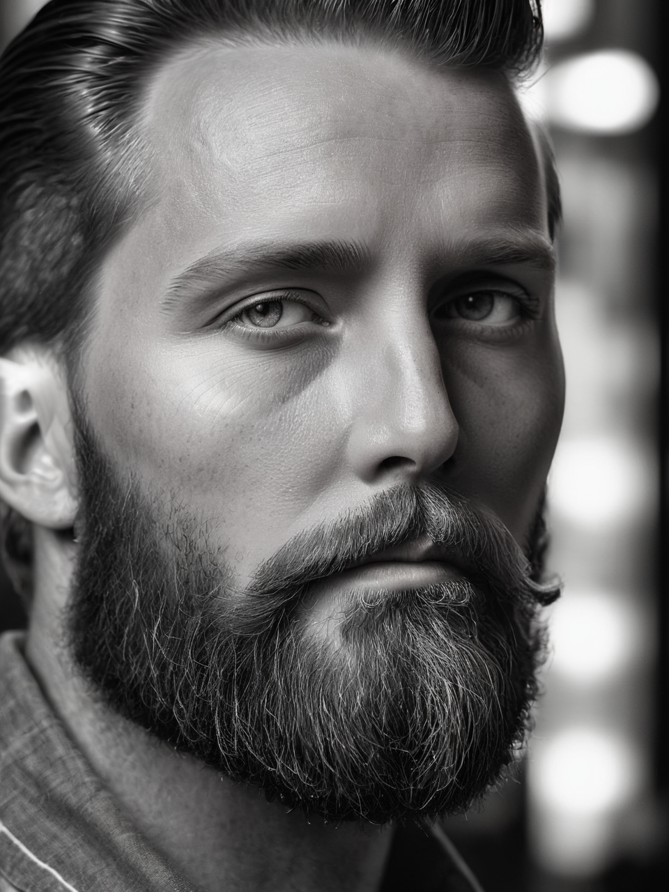 <lora:é²åä¸æ´¾@é»ç½æå½±SDXL:1>Black and white photographyï¼Gen X males, whites, Americans, direct looking. Stylish, with a well-maintained beard. Pride and contentment. At a local coffee shop. Use beard oil. ((Master work: 1.5), National Geographic Photo, Award Winning Photo, Realism, Excellent Work, Highest Quality, Rich Detail, Panorama, Clarity, High Contrast. (Film Grain: 1.4), Film Lighting, Face Close-up, Clear Pores, Black Background (Realistic: 1.2), Black and White Portrait. The best quality, masterpieces, super high resolution. ï¼