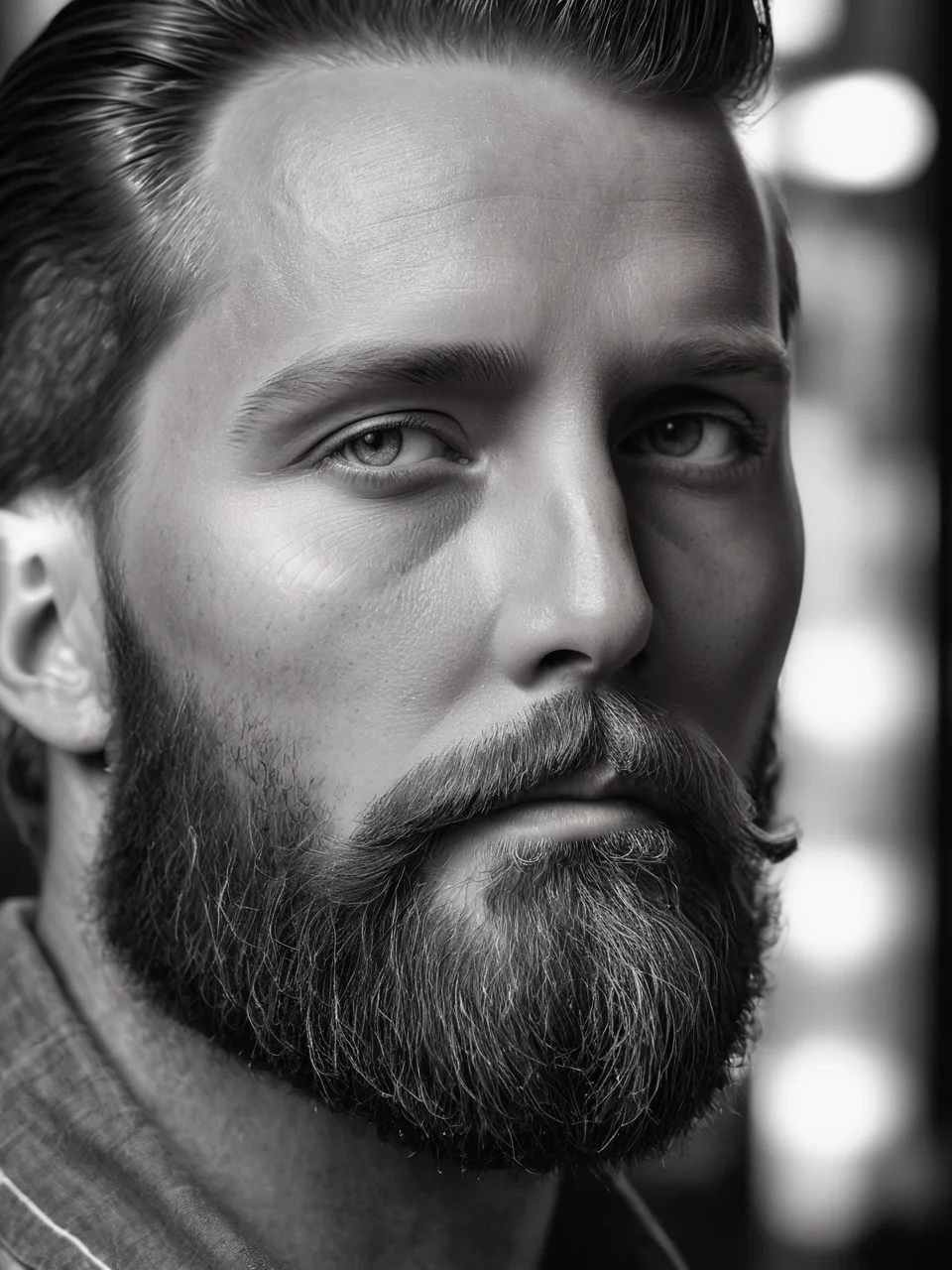 <lora:é²å䏿´¾@é»ç½æå½±SDXL:1>Black and white photographyï¼Gen X males, whites, Americans, direct looking. Stylish, with a well-maintained beard. Pride and contentment. At a local coffee shop. Use beard oil. ((Master work: 1.5), National Geographic Photo, Award Winning Photo, Realism, Excellent Work, Highest Quality, Rich Detail, Panorama, Clarity, High Contrast. (Film Grain: 1.4), Film Lighting, Face Close-up, Clear Pores, Black Background (Realistic: 1.2), Black and White Portrait. The best quality, masterpieces, super high resolution. ï¼