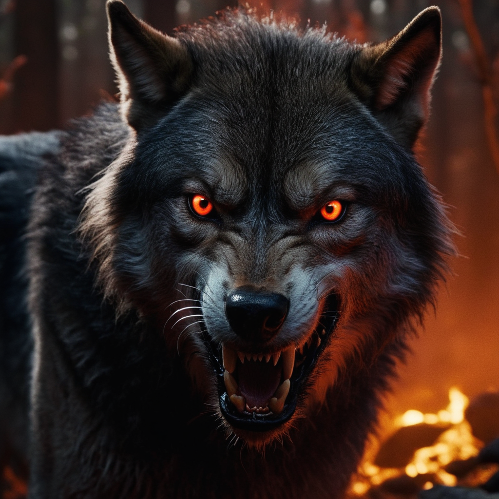 cinematic film still of  <lora:The Lord of the Rings style v2:1>
In a Fantasy Middle-earth world in the dark ages Carcharoth a painting of a monster wolf with red eyes,solo,looking at viewer,red eyes,teeth,orange eyes,no humans,animal,leaf,fangs,sharp teeth,nature,forest,realistic,wolf , dramatic light, dramatic shadow light, film contrast, cinematic film color, cinematic film look, filmic, realistic, realism, perfection, perfect, movie still, fantasy drama, epic drama, fictional, Age of Wonders, Age of Empires, warriors,  Medieval style, middle ages, dungeons and dragons style, different people, different, unique, kingdoms and castles, violent, aggressive, detailed, perfection, detailed face, detailed body, detailed hands, detailed eyes, sharp, horror themed, dark themed, epic fantasy adventure film style, Legendary, mythical, The Lord of the Rings style, shallow depth of field, vignette, highly detailed, high budget, bokeh, cinemascope, moody, epic, gorgeous, film grain, grainy