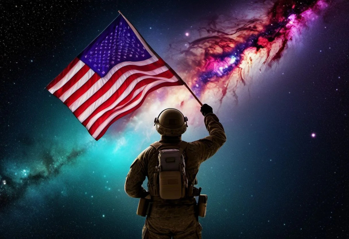soldier holding american flag blowing in wind, (deep space, deep galactic travel background),Dark and eavil glow, glow neion paint, dark, surrealism, defined sharp edges, mystical, (multi-dimensional:1.2), psychedelic art