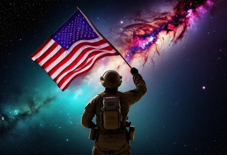 soldier holding american flag blowing in wind, (deep space, deep galactic travel background),Dark and eavil glow, glow neion paint, dark, surrealism, defined sharp edges, mystical, (multi-dimensional:1.2), psychedelic art
