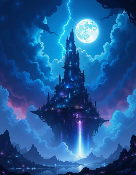 cyberpunk tower on an floating island in the night sky dark storm clouds engulfing the island, lightning, cold moon, waterfall, hologram, neon lights<lora:ck-OneViolentFantasy:0.7> in the style of ck-ovf, <lora:ck-Sommo-Concept-Art:1> A digital painting in the style of ck-js,