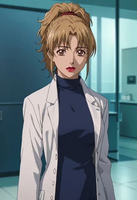 source_anime, D4RK3RTH4NBL4CK, DTB_Style,((score_9)),score_8_up,score_7_up,score_6_up,score_5_up,score_4_up, retro_artstyle, anime style, 1boy, ishizaki_kanami, (brown hair:1.2, blonde hair), ponytail sidelock, bangs, brown eyes, red lips, large breasts, labcoat, looking at viewer, facing viewer, masterpiece, best quality, highres, best illumination, depth of field, Artist style:komori_takahiro