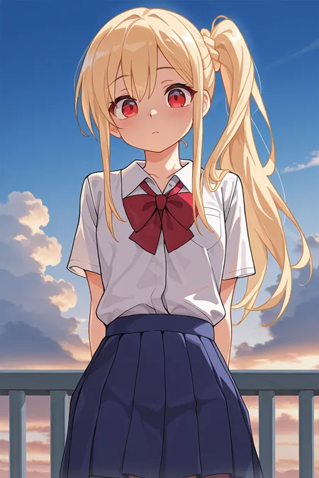 masterpiece, best quality, amazing quality,
<lora:Lango_IL:1> lango, 1girl, blonde hair, solo, skirt, red eyes, shirt, cloud, side ponytail, white shirt, blue skirt, long hair, pleated skirt, bow, school uniform, sky, looking at viewer, red bow