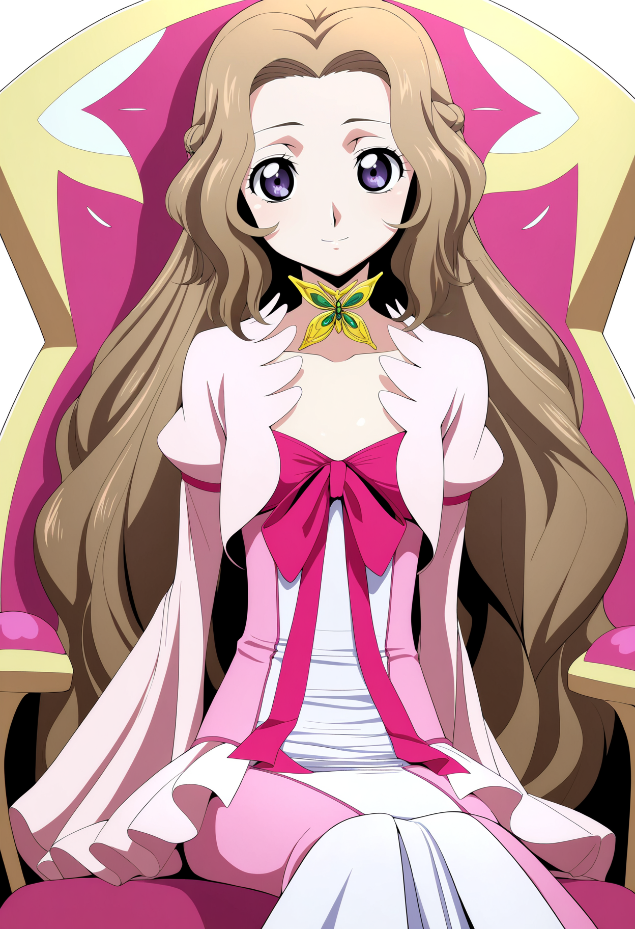masterpiece, best quality, very aesthetic, absurdres,
1girl, nunnally, long hair, brown hair, purple eyes,
dress,
sitting, chair,
smile, solo, looking at viewer, simple background, white background,   <lora:NunnallyViBritanniaNoobXL_byKonan:1>