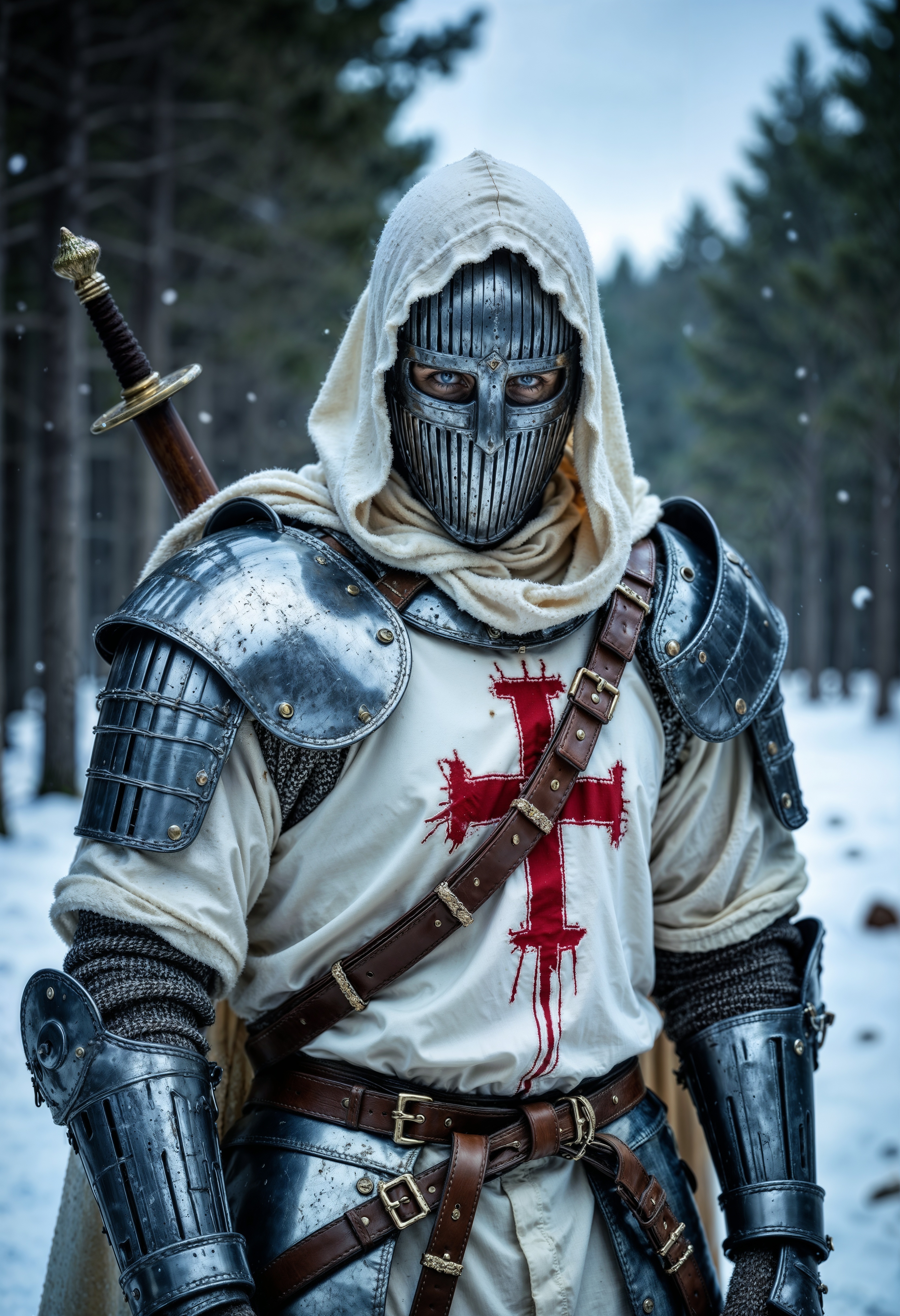photograph, male, armored knight, medieval armor, full armor, knight costume, white hood, silver helmet, faceless, head mask, blood stains, red cross, white tunic, brown leather belt, sword, sheathed sword, gauntlets, pauldrons, shoulder armor, chainmail, medieval clothing, fantasy, dark atmosphere, forest background, winter, snow, cloudy sky, serious expression, historical reenactment, cosplay, fantasy setting, high contrast, dramatic lighting, detailed armor, weathered armor, battle-worn, medieval warfare, dark fantasy, historical accuracy, realistic costume, outdoor setting, cold weather, knight in armor, realistic texture, high resolution, high detail, intense look