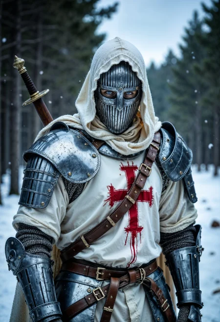 photograph, male, armored knight, medieval armor, full armor, knight costume, white hood, silver helmet, faceless, head mask, blood stains, red cross, white tunic, brown leather belt, sword, sheathed sword, gauntlets, pauldrons, shoulder armor, chainmail, medieval clothing, fantasy, dark atmosphere, forest background, winter, snow, cloudy sky, serious expression, historical reenactment, cosplay, fantasy setting, high contrast, dramatic lighting, detailed armor, weathered armor, battle-worn, medieval warfare, dark fantasy, historical accuracy, realistic costume, outdoor setting, cold weather, knight in armor, realistic texture, high resolution, high detail, intense look