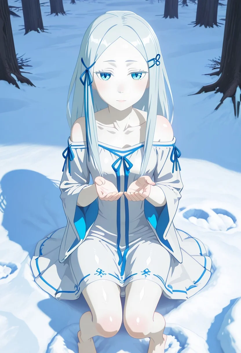 BotWYei,,3d, shiny skin,winter,front view,mist,snowfall,sunlight, highlight,
pandora, 1girl, pale skin, long hair, white hair, blue eyes, small breasts, blue hair ornament, white dress, long sleeves, bare shoulders, collarbone, blue ribbon, barefoot,dress too big
Sitting on snow,W sitting,looking at viewer,hands reach to viewer,uppies invitation,cute