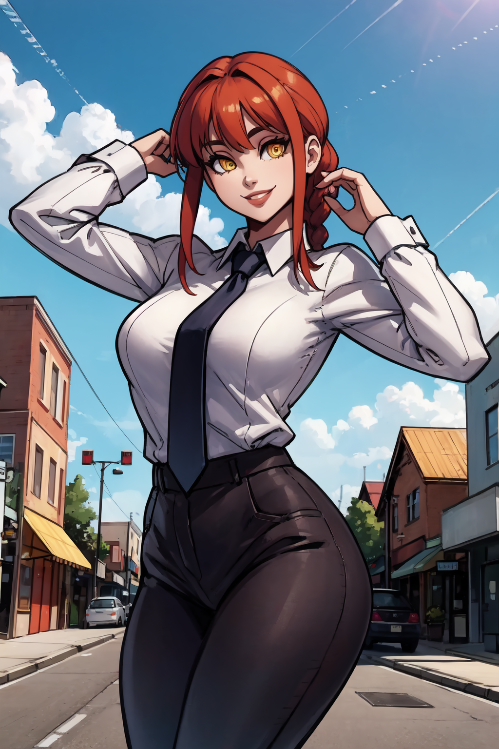 1girl, (solo:1.2), (curvy:1.2), (masterpiece:1.2), (best quality:1.2), (perfect anatomy:1.4), (posing:1.5), (confident:1.2), smile
<lora:Zako (Arvinry) [MockAi - v1.0]:0.8> zako, (plump:1.2), sketchy lineart, thick lineart, colorful, shiny skin, (huge breasts:1.2), (cowboy shot:1.2), <lora:Makima [nochekaiser881 - v1.0]:0.8> makima, long hair, smile, bangs, (yellow eyes:1.2), braid, red hair, braided ponytail, ringed eyes, shirt, long sleeves, white shirt, necktie, collared shirt, pants, black pants, formal, suit, black necktie, shirt tucked in, office lady, (small town:1.3), street, daylight, blue sky, western architecture