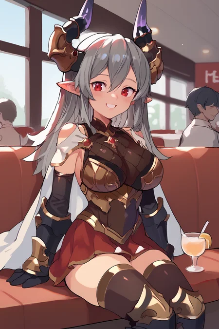 (score_9, score_8_up, score_7_up), source anime, <lora:gbf_threo_ponyXL:0.7> , threodef, long hair, grey hair, horns, pointy ears, white cape, armor, sleeveless, black gloves, elbow gloves, red skirt, miniskirt, black thighhighs, armored boots, large breasts, smile, <lora:Slammo_Artstyle:1> , source_cartoon, sitting, sitting in restaurant, restaurant, romantic, blush, beautiful, elegant, upper body, indoors, interior, red eyes, looking at viewer,