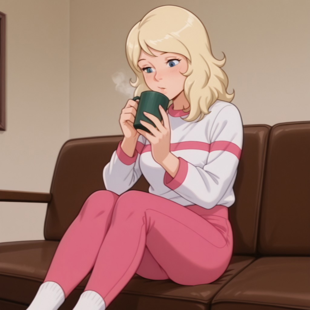 masterpiece, best quality, amazing quality, SarahDSil, human, female, blonde hair, blue eyes, white shirt, long sleeves, pink stripes, pink pants, white socks, sitting inside, drinking tea