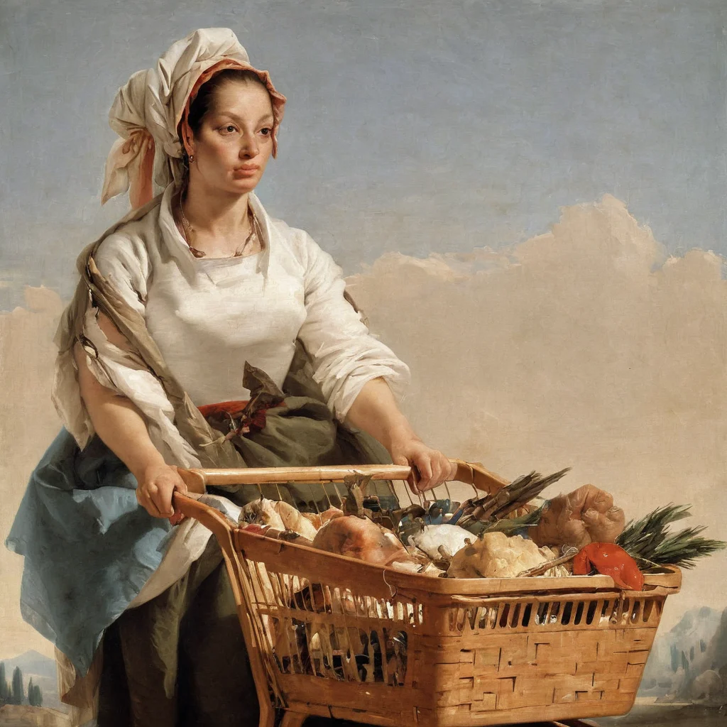 Painting of realistic detailed woman pushing a shopping cart by Tiepolo AH_Tiepolo <lora:Paintings_by_Giovanni_Battista_Tiepolo_-_ventian_Rococo_painter:1>