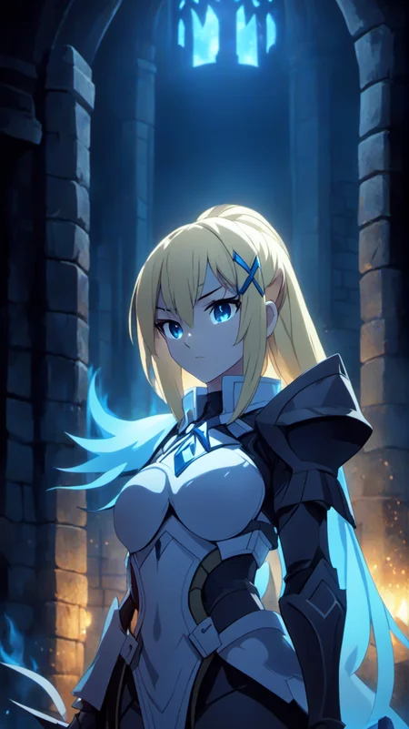 <lora:Darkness:1>
(DarknessKonosuba:1.9), DarknessKonosuba,
DarknessKonosuba wearing Armor,, <lora:Dark Fantasy:1>Dark Fantasy - In an ancient temple at midnight, eerie blue flames illuminating ancient runes on stone walls, a sense of foreboding filling the air.