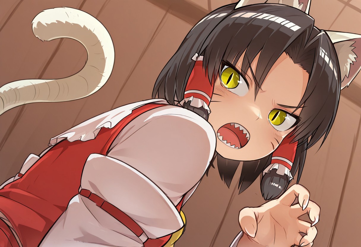 best quality, masterpiece, 
upper body, dutch angle,
1girl, solo, benikurage \(cookie\), (hakurei reimu:0.5), parted bangs, sharp teeth, open mouth, angry, v-shaped eyebrows,
claw pose, slit pupils, tail raised,
looking back, turning head,
puffing up, whisker markings,
