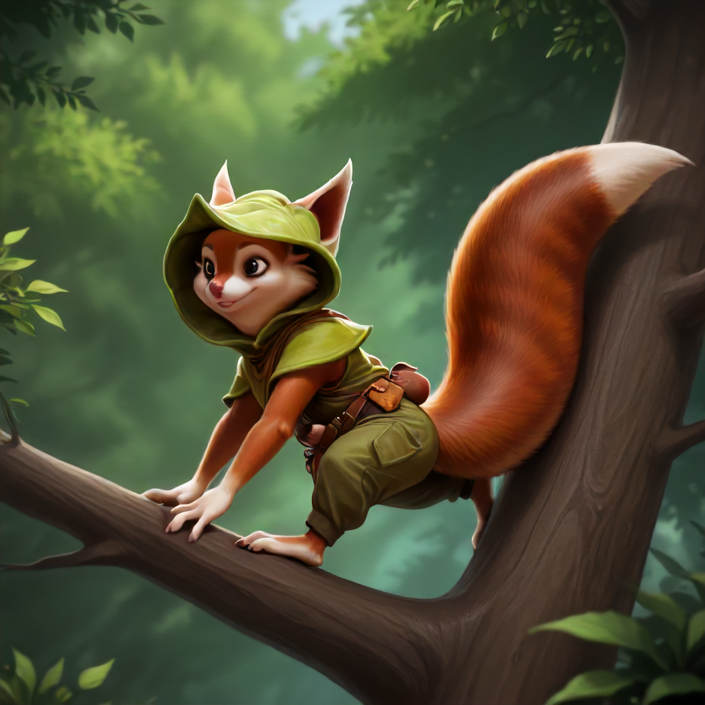 furry, Hoodwink. squirrel <lora:Hoodwink Illustrious:1>, climbing a tree