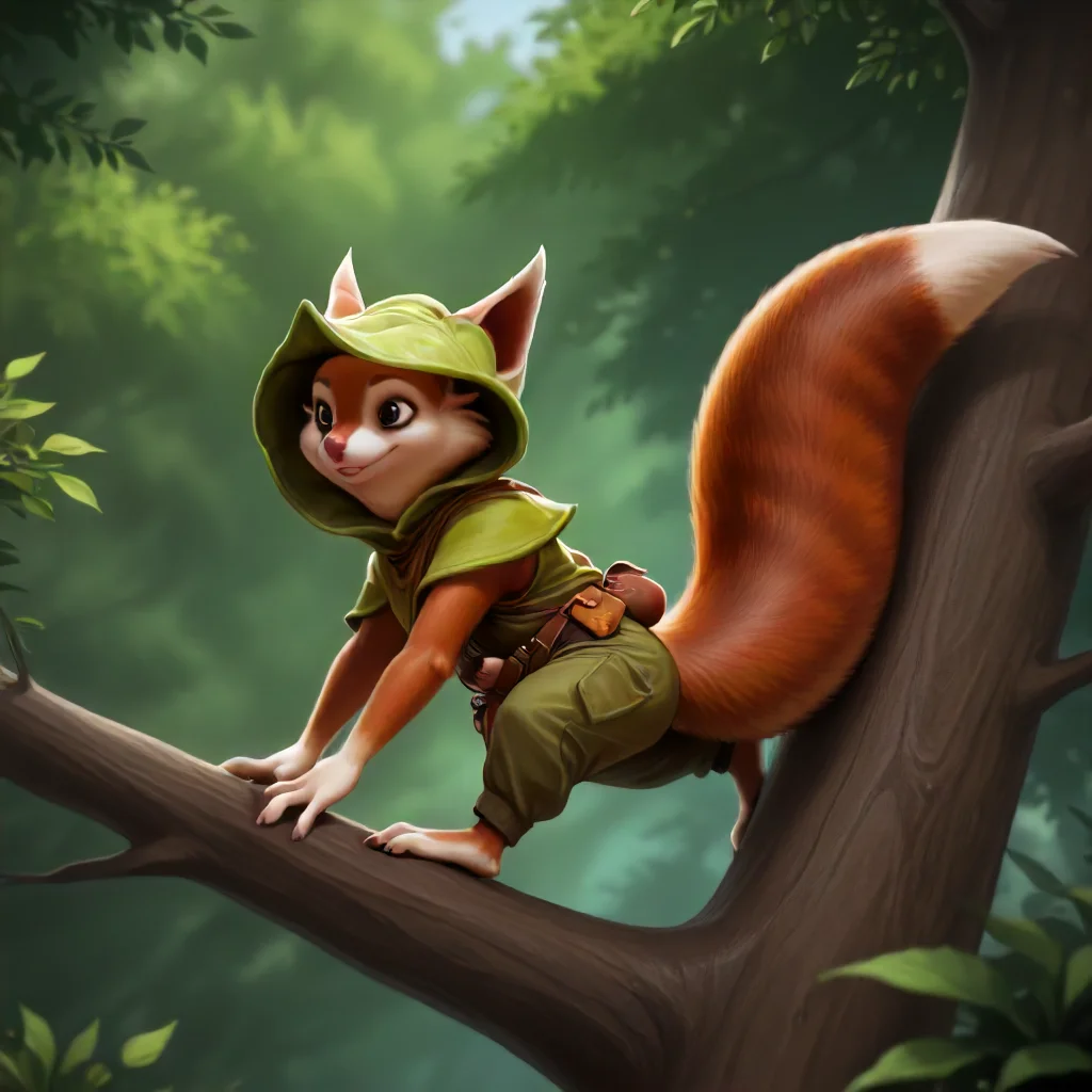 furry, Hoodwink. squirrel <lora:Hoodwink Illustrious:1>, climbing a tree