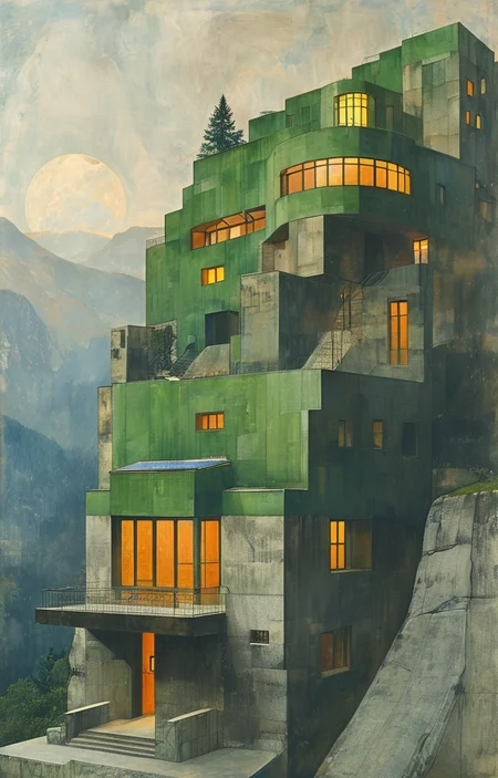 masterpiece,best quality,<lora:tbh312-sdxl:0.9>,illustration,designed by Adolf Loos Sustainable eco-village with green roofs and solar panels, nestled in a mountain valley