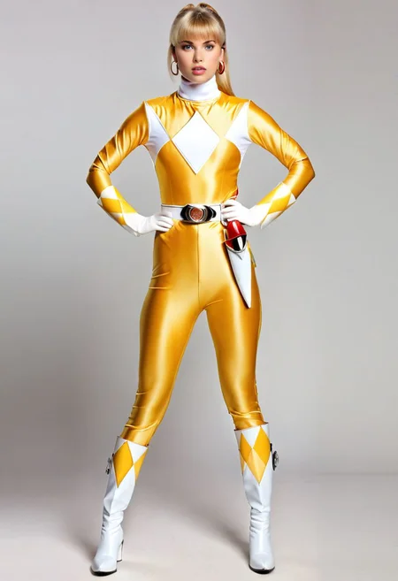 yellow power ranger, uniform, shiny voluminous glossy straight side-parted side-parting sideswept long ponytail hair, fringe, bangs,yellow catsuit, white turtleneck collar, white gloves boots belt, red holstered weapon, short 19-year-old athletic Caucasian rosy-complexion bottle-blonde with serious determined facial expression, narrow waist, squared to camera, squaring up to camera, both arms straight relaxed down by sides, big pale azure eyes, round face, ultra-realistic photo, enormous breasts, huge butt, wide hips, hourglass figure, large chunky steel hoop earrings, full body photo, sharp focus, plain background