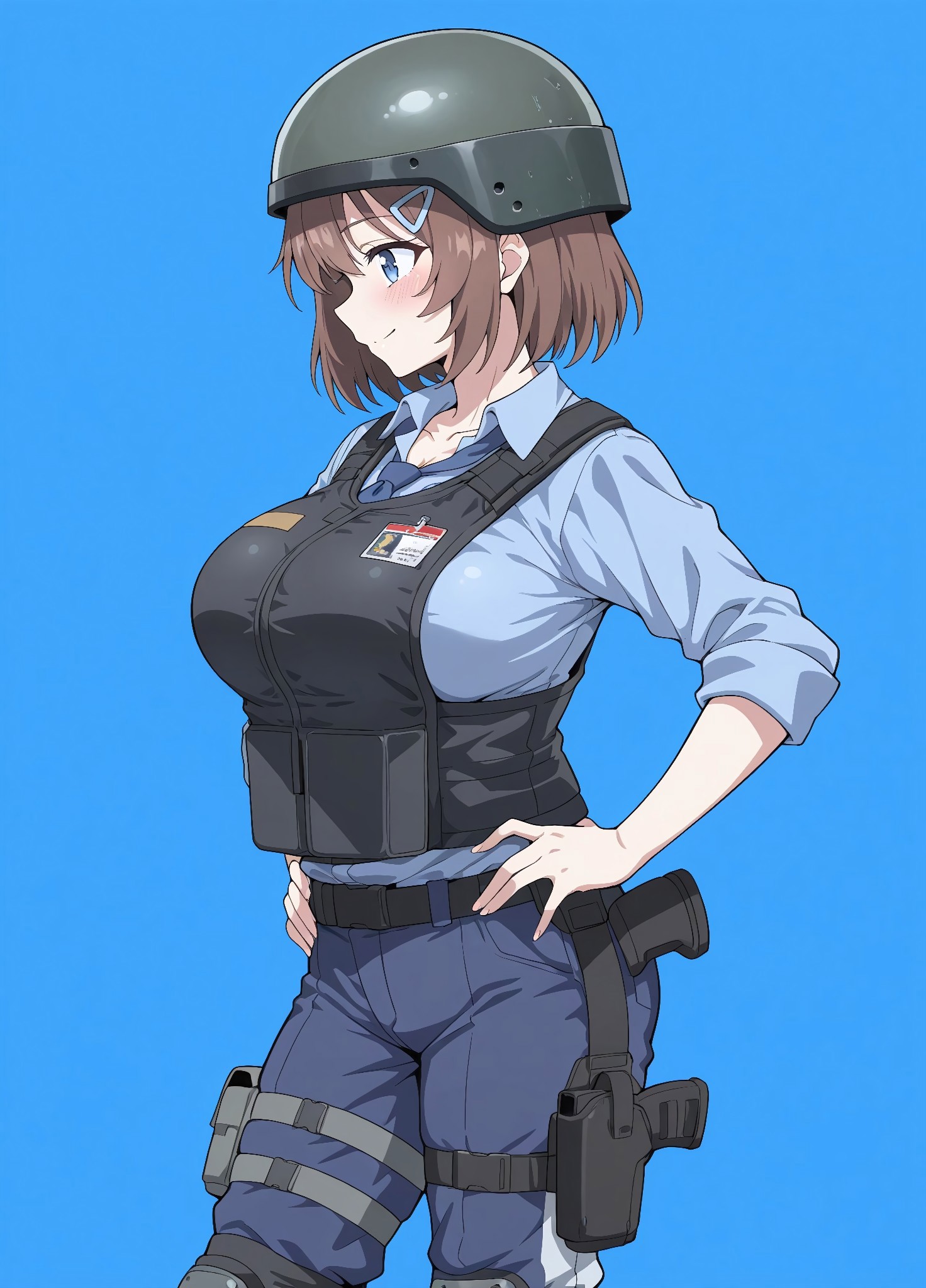 unholy-aesthetic, masterpiece, best quality, amazing quality, absurdres, 

1girl, solo, brown hair, hair ornament, large breasts, short hair, blue eyes, collarbone

bm_sg, helmet, blue shirt, collared shirt, necktie, blue necktie, black vest, bulletproof vest, blue pants, knee pads, holster, boots,

smile, standing, hands on the hips, cowboy shot, standing, blush, simple background, blue background, from side, profile,