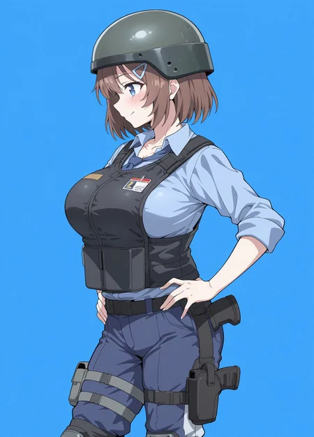 unholy-aesthetic, masterpiece, best quality, amazing quality, absurdres, 

1girl, solo, brown hair, hair ornament, large breasts, short hair, blue eyes, collarbone

bm_sg, helmet, blue shirt, collared shirt, necktie, blue necktie, black vest, bulletproof vest, blue pants, knee pads, holster, boots,

smile, standing, hands on the hips, cowboy shot, standing, blush, simple background, blue background, from side, profile,