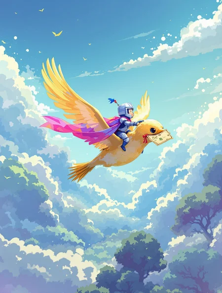 A tiny knight with a watercolor cape rides a golden bird, flying through glitchy skies before extending a treasure map to the viewer