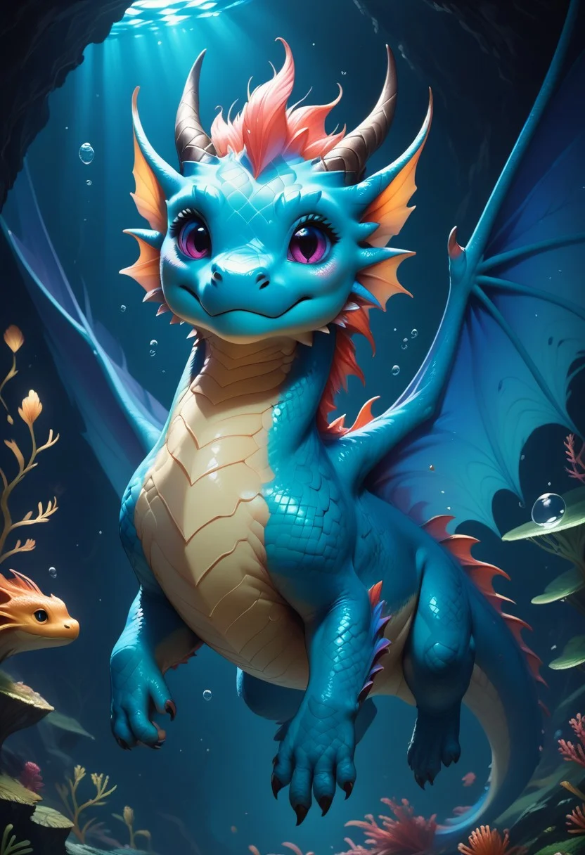 score_9, score_8_up, score_7_up, score_6_up, score_5_up, score_4_up, Unfazed dragon, blue dragon, wings, water elements, beautiful expressive cute face, underwater, extremely detailed, beautiful underwater cute dragon creature, no humans, extremely detailed scales, seaweed mane, fishtail, beautiful eyes, moonlight, realistic, high quality, detailed, fantasy dark cave background, sparkling water, dark shadows, glowing in the dark, bright colors, high contrast, dark background, vivid lighting,