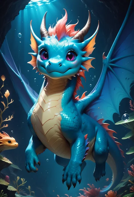 score_9, score_8_up, score_7_up, score_6_up, score_5_up, score_4_up, Unfazed dragon, blue dragon, wings, water elements, beautiful expressive cute face, underwater, extremely detailed, beautiful underwater cute dragon creature, no humans, extremely detailed scales, seaweed mane, fishtail, beautiful eyes, moonlight, realistic, high quality, detailed, fantasy dark cave background, sparkling water, dark shadows, glowing in the dark, bright colors, high contrast, dark background, vivid lighting,