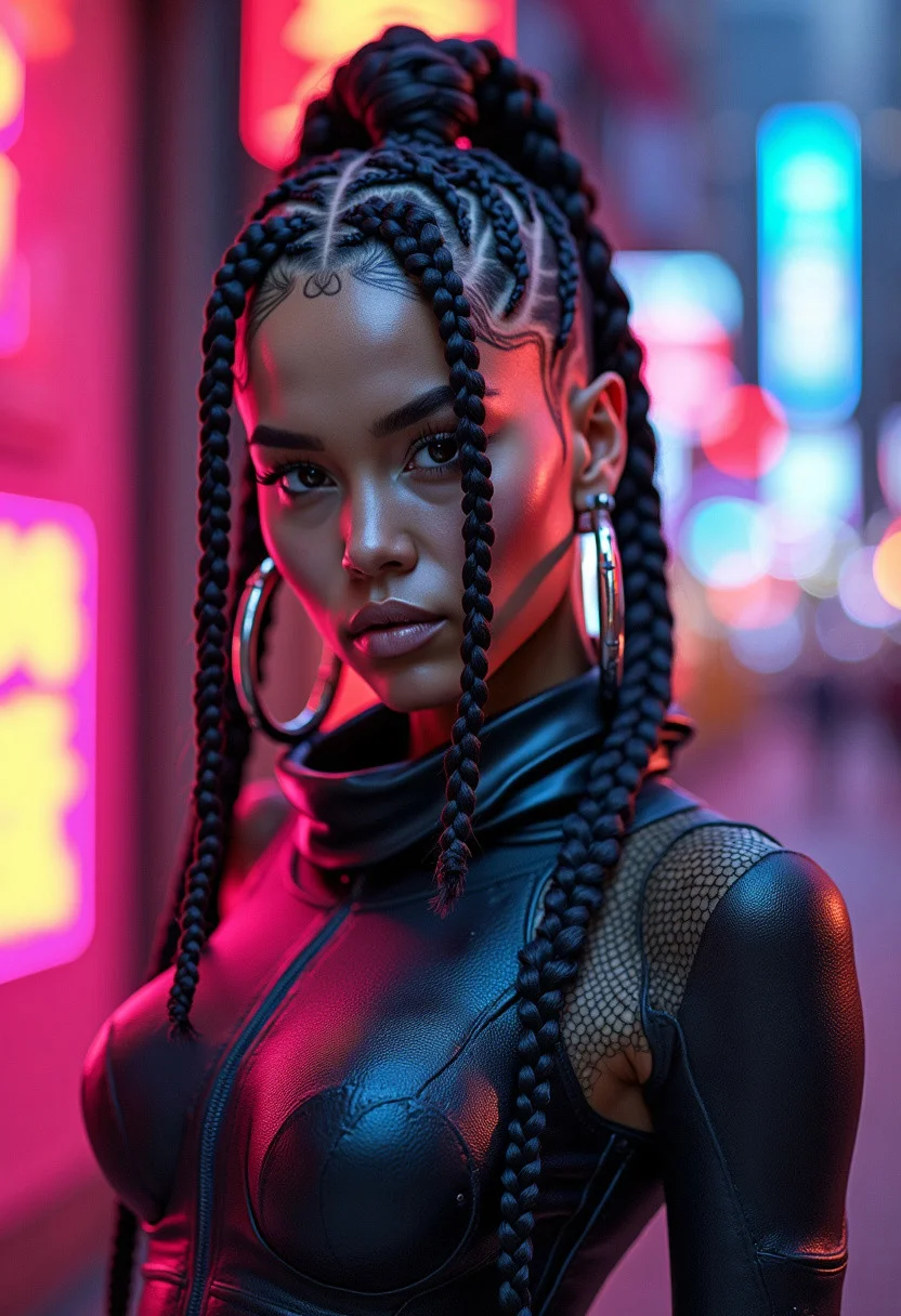 A striking woman with intricate braided hair, undercut hairstyle, and hoop earrings, dressed in a high-collared, futuristic outfit, standing against a vibrant, neon-lit cityscape, ultra-realistic textures, ultra-high definition, photorealistic, highly detailed skin texture, intricate hair braids, detailed lighting, realistic reflections, sharp shadows, cinematic quality, dynamic composition, expressive eyes, perfect complexion, vibrant colors, realistic urban background