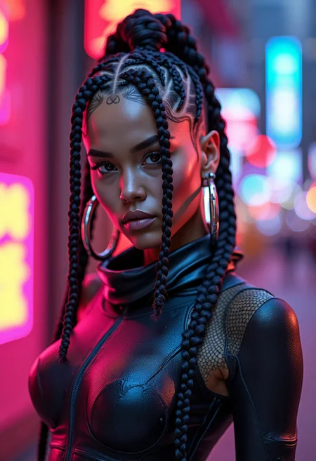 A striking woman with intricate braided hair, undercut hairstyle, and hoop earrings, dressed in a high-collared, futuristic outfit, standing against a vibrant, neon-lit cityscape, ultra-realistic textures, ultra-high definition, photorealistic, highly detailed skin texture, intricate hair braids, detailed lighting, realistic reflections, sharp shadows, cinematic quality, dynamic composition, expressive eyes, perfect complexion, vibrant colors, realistic urban background