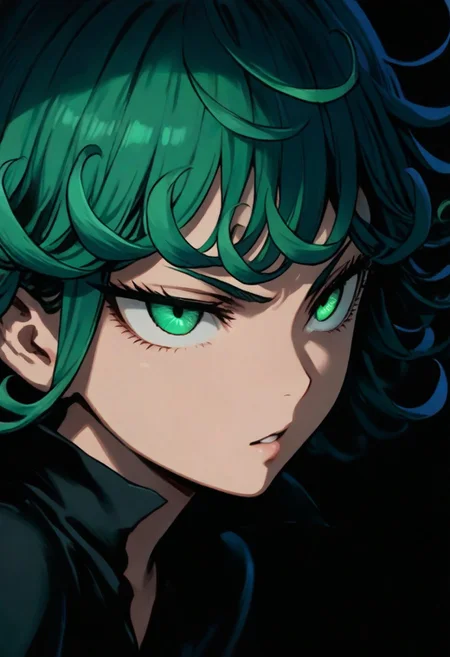 1girl, tatsumaki, one punch man, solo, dark, light, masterpiece, best quality, very aesthetic, close up, green hair, parted lips