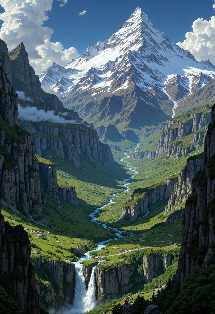 landscape artwork featuring a breathtaking mountainous terrain. The layout is vertical, showcasing a majestic mountain range with snow-capped peaks in the background. In the foreground, lush green valleys are interspersed with cascading waterfalls, creating a sense of depth and grandeur. The sky is filled with dramatic clouds, adding to the mystical atmosphere. The scene is rich in detail, with intricate textures on the rocky surfaces and vibrant greenery. The overall color palette is a mix of greens, blues, and grays, enhancing the ethereal and otherworldly feel of the landscape. There are no people, text, or logos present in the image, allowing the viewer to focus entirely on the natural beauty and fantasy elements depicted.
