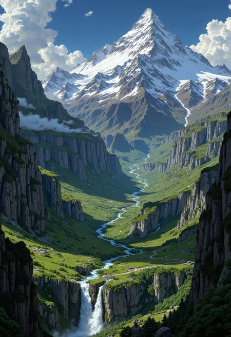 landscape artwork featuring a breathtaking mountainous terrain. The layout is vertical, showcasing a majestic mountain range with snow-capped peaks in the background. In the foreground, lush green valleys are interspersed with cascading waterfalls, creating a sense of depth and grandeur. The sky is filled with dramatic clouds, adding to the mystical atmosphere. The scene is rich in detail, with intricate textures on the rocky surfaces and vibrant greenery. The overall color palette is a mix of greens, blues, and grays, enhancing the ethereal and otherworldly feel of the landscape. There are no people, text, or logos present in the image, allowing the viewer to focus entirely on the natural beauty and fantasy elements depicted.
