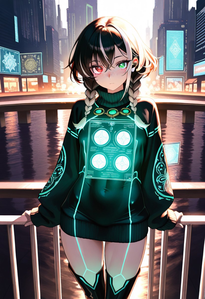 (masterpiece, best quality, ultra-detailed:1.3), RAW photo, 8K UHD, 
1girl, {{`vibrant emerald eyes, sparkling reflections, mystical heterochromia (gold/azure), long eyelashes, deep sapphire eyes, starry highlights`}}, {{`silky platinum blonde hair, wind-blown strands, flowing crimson curls, sunlight gloss, raven black hair with silver streaks, intricate braids`}}, {{`porcelain skin with freckles, soft natural glow, sun-kissed olive skin, dewy texture, ethereal luminescent skin, subtle glitter`}}, {{`slim hourglass figure, elegant posture, athletic toned body, confident stance, petite frame, delicate proportions`}}, {{`elegant silk gown with floral embroidery, futuristic cyberpunk bodysuit (neon accents), cozy oversized sweater, thigh-high boots`}},
intricate details, cinematic lighting, soft bokeh, depth of field,
,
Neo-Yokohama market, holographic ads], [negotiating with android]
[Rooftop of megabuilding, city panorama below], [leaning on railing]