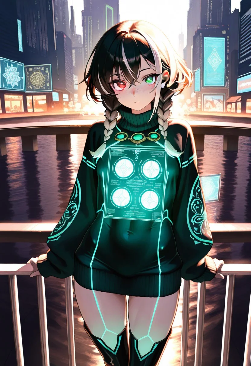 (masterpiece, best quality, ultra-detailed:1.3), RAW photo, 8K UHD, 
1girl, {{`vibrant emerald eyes, sparkling reflections, mystical heterochromia (gold/azure), long eyelashes, deep sapphire eyes, starry highlights`}}, {{`silky platinum blonde hair, wind-blown strands, flowing crimson curls, sunlight gloss, raven black hair with silver streaks, intricate braids`}}, {{`porcelain skin with freckles, soft natural glow, sun-kissed olive skin, dewy texture, ethereal luminescent skin, subtle glitter`}}, {{`slim hourglass figure, elegant posture, athletic toned body, confident stance, petite frame, delicate proportions`}}, {{`elegant silk gown with floral embroidery, futuristic cyberpunk bodysuit (neon accents), cozy oversized sweater, thigh-high boots`}},
intricate details, cinematic lighting, soft bokeh, depth of field,
,
Neo-Yokohama market, holographic ads], [negotiating with android]
[Rooftop of megabuilding, city panorama below], [leaning on railing]