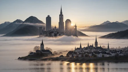 a photo of Austria taken from ground road. Docks, shore, foggy mountains, modern megalithic towering glass buildings skyline. golden hour
<lora:JZCG005-Realistic city photography 1.0:.1>
<lora:FantasyLandscape:0.2> <lora:skyline-15:0.5> <lora:Eldar_World:0.3> <lora:hallstatt_20230713_0122:0.2>