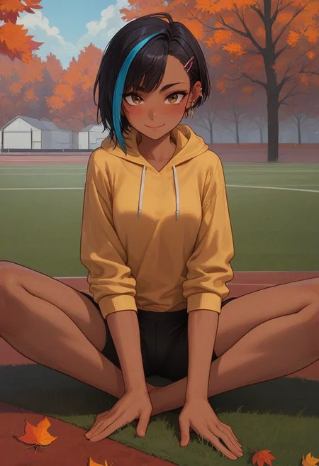 score_9, score_8_up, score_7_up, score_6_up,
1girl, 25 years old, perfect face,
dark-skinned female,
brown eyes,
streaked hair, black hair, blue hair, asymmetrical bangs, hair ornament, hairclip, earclip,
yellow hoodie,
black sport shorts,
autumn, autumn leaves,
running track, track and field, sitting, stretching, flexible, wide spread legs, hands on leg, lean forward,
smile, blush