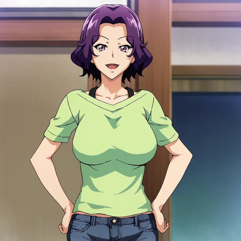 <lora:Azuza_pony_v1:.8> Azusa, 1girl, purple hair, purple eyes, pants, short hair, large breasts, shirt, denim, jeans,  cowboy shot, hands on hips