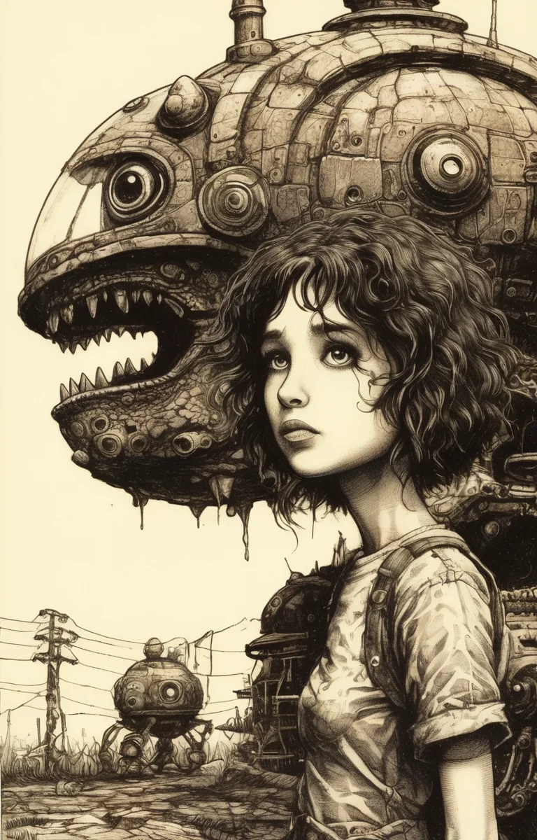 masterpiece,best quality,<lora:tbh275-sdxl:0.9>,illustration,style of William Stout,jurassic park, portrait of Housework robots