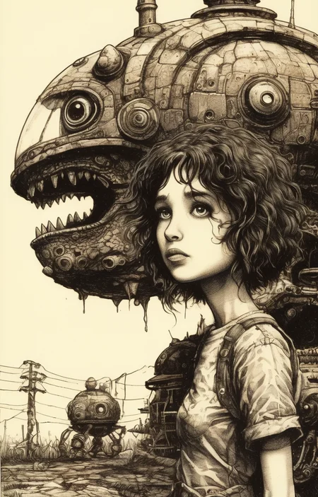 masterpiece,best quality,<lora:tbh275-sdxl:0.9>,illustration,style of William Stout,jurassic park, portrait of Housework robots
