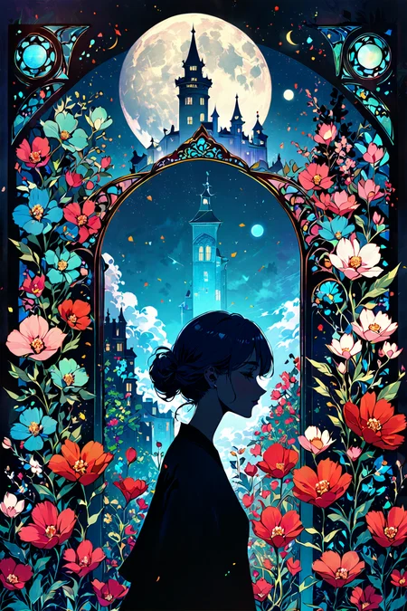 Jed-dblexpsre effect, 1girl, Moon, Depth of field, hdr, 8k wallpaper, cinematic shadows, double exposure, refractions, art nouveau, [(black background:1.2)::0.2], (kaleidoscope background:1.2), newest, highres, illustration, incredibly absurdres, ultra detailed, masterpiece, best quality, <lora:100_nvcmsdx_a:1> <lora:detailed_notrigger:1> <lora:DoubleExposure:1>