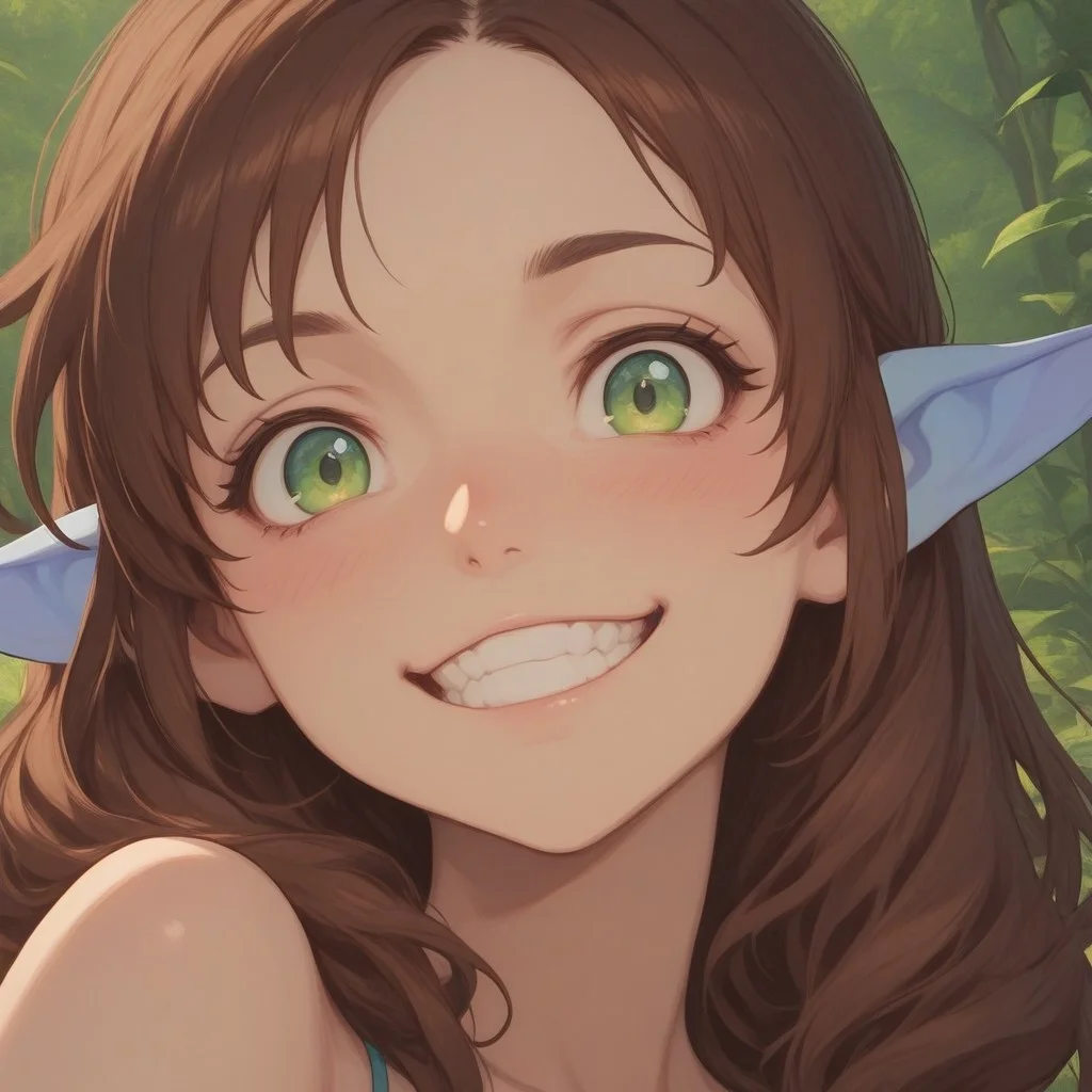 cute, brown hair, green eyes, blue elf ears, blue tail. close up, grinning, master piece.